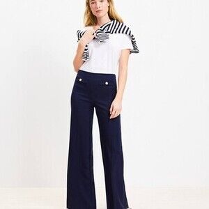 Button Trim Wide Leg Pants in Twill